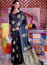 Load image into Gallery viewer, Soot Black Satin Silk Saree with overall Golden Butti