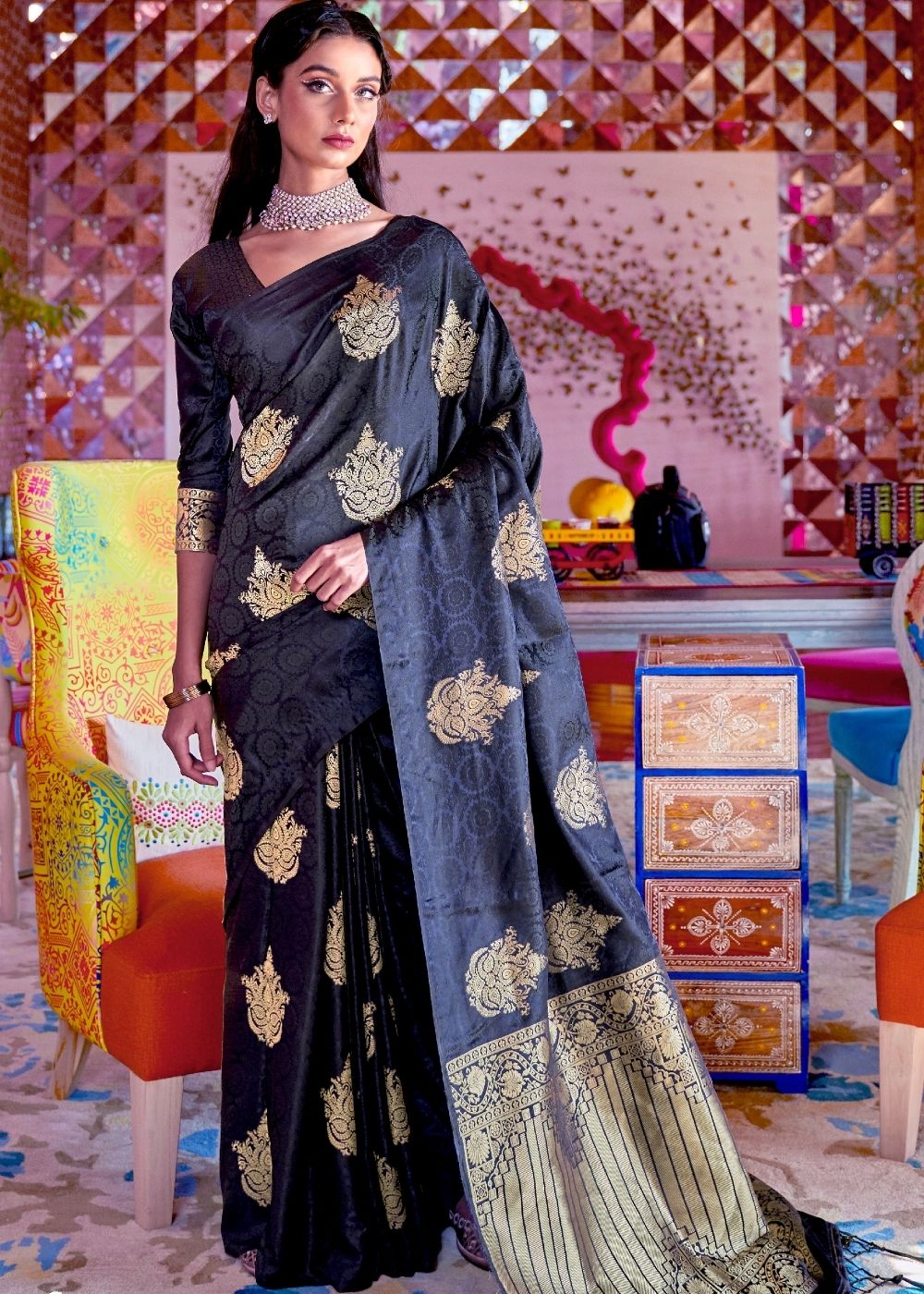 Soot Black Satin Silk Saree with overall Golden Butti