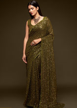 Carica l&#39;immagine nel visualizzatore Galleria,Army Green Sequins &amp; Thread Embroidered Designer Georgette Saree