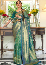 Load image into Gallery viewer, Castleton Green Zari Woven Kanjivaram Silk Saree with Tassels on Pallu