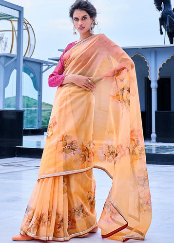 Orange Yellow Floral Handprinted Organza Silk Saree