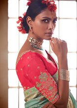 Load image into Gallery viewer, Turquoise Green Woven Dola Silk Saree with Contrast Embroidered Border
