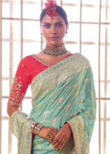 Load image into Gallery viewer, Turquoise Green Woven Dola Silk Saree with Contrast Embroidered Border