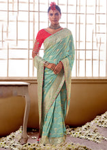 Load image into Gallery viewer, Turquoise Green Woven Dola Silk Saree with Contrast Embroidered Border