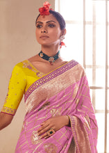 Cargar imagen en el visor de la galería, Cherry Pink Woven Dola Silk Saree with Contrast Embroidered Border