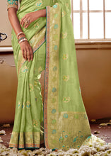 Load image into Gallery viewer, Light Green Woven Dola Silk Saree with Contrast Embroidered Border
