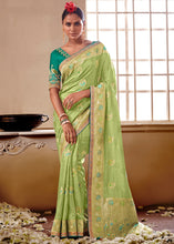 Load image into Gallery viewer, Light Green Woven Dola Silk Saree with Contrast Embroidered Border