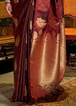 Cargar imagen en el visor de la galería, Mahogany Red Satin Woven Silk Saree with overall Golden Buti