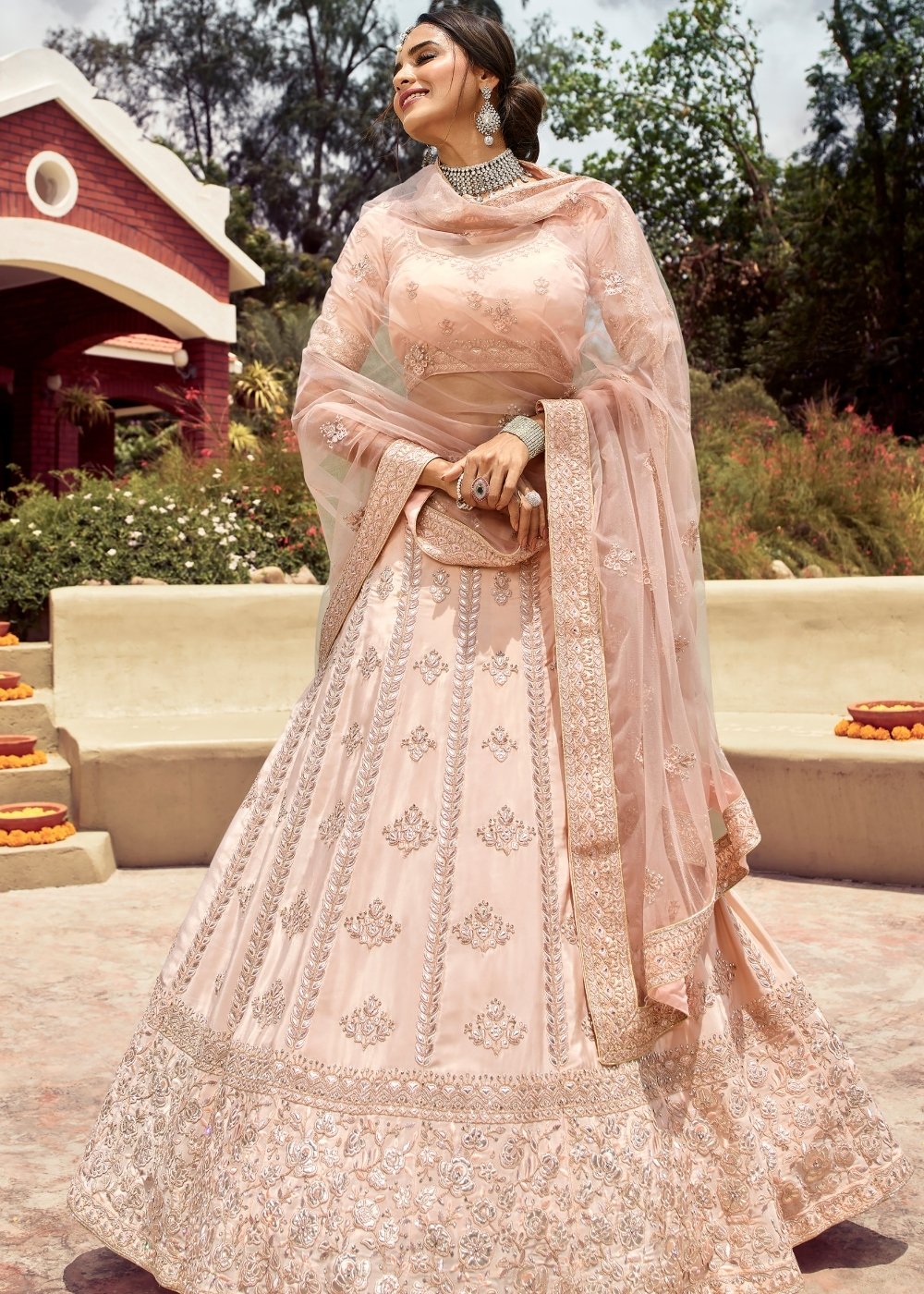 Shell Pink Crepe Lehenga Choli with Resham, Gota & Zarkan work