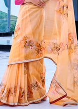 Cargar imagen en el visor de la galería, Orange Yellow Floral Handprinted Organza Silk Saree