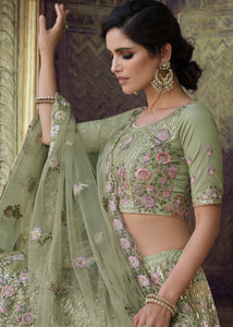 Olive Green Soft Net Lehenga Choli with Sequins, Thread, Zari & Dori work