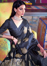 Load image into Gallery viewer, Soot Black Satin Silk Saree with overall Golden Butti