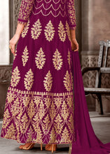 Laden Sie das Bild in den Galerie-Viewer, Magenta Designer Net Anarkali Suit with Full Thread Embroidery Work