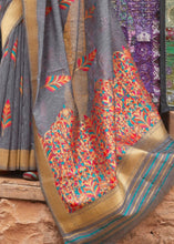 Cargar imagen en el visor de la galería, Seal Grey Linen Silk Saree with Colorful Weaving work