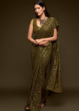 Laden Sie das Bild in den Galerie-Viewer, Army Green Sequins &amp; Thread Embroidered Designer Georgette Saree