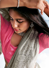 Cargar imagen en el visor de la galería, Pewter Grey Soft Linen Silk Saree with Lucknowi work and Sequence Blouse