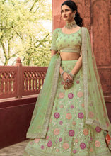 Laden Sie das Bild in den Galerie-Viewer, Pastel Green Organza Lehenga Choli with Dori, Thread &amp; Zarkan work