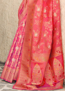 French Rose Pink Zari Woven Banarasi Silk Saree