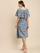 Load image into Gallery viewer, Cape sleeve printed midi dress with waist tie up