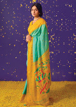Load image into Gallery viewer, Green &amp; Yellow Printed Paithani Silk Saree with Embroidered Blouse