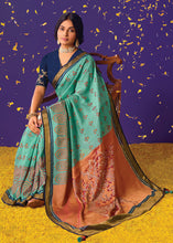 Load image into Gallery viewer, Blue &amp; Orange Printed Paithani Silk Saree with Embroidered Blouse