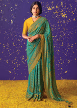 Load image into Gallery viewer, Teal Blue Printed Silk Saree with Embroidered Blouse