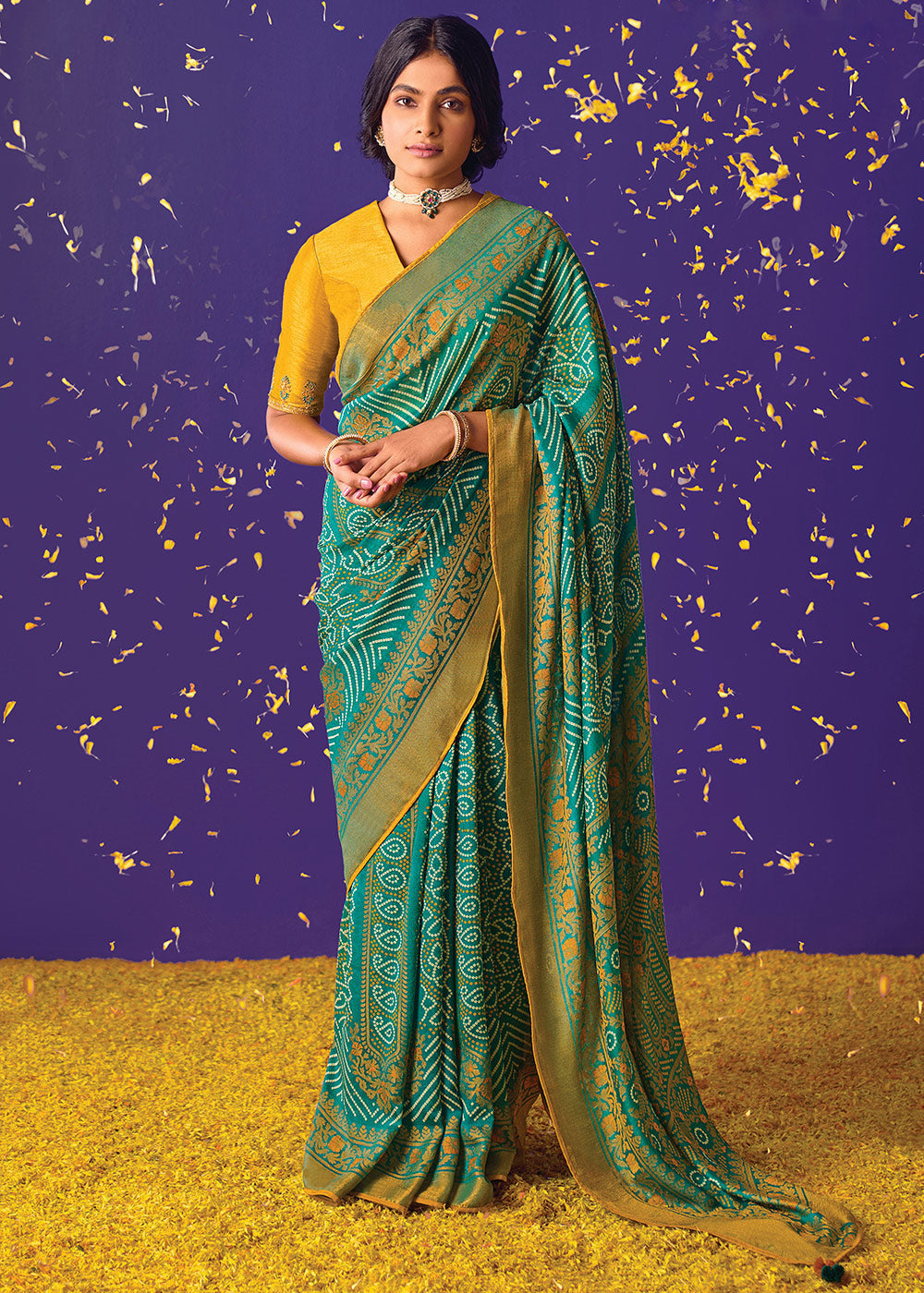 Teal Blue Printed Silk Saree with Embroidered Blouse