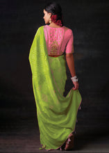 Load image into Gallery viewer, Chartreuse Green Bandhani Print Soft Silk Saree with Contrast Blouse
