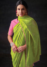 Load image into Gallery viewer, Chartreuse Green Bandhani Print Soft Silk Saree with Contrast Blouse