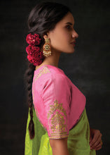 Load image into Gallery viewer, Chartreuse Green Bandhani Print Soft Silk Saree with Contrast Blouse