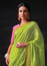 Load image into Gallery viewer, Chartreuse Green Bandhani Print Soft Silk Saree with Contrast Blouse