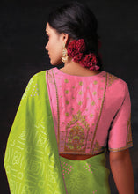 Load image into Gallery viewer, Chartreuse Green Bandhani Print Soft Silk Saree with Contrast Blouse