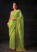 Load image into Gallery viewer, Chartreuse Green Bandhani Print Soft Silk Saree with Contrast Blouse