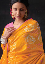 Load image into Gallery viewer, Golden Yellow Bandhani Print Soft Silk Saree with Contrast Blouse