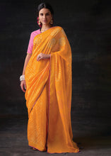 Load image into Gallery viewer, Golden Yellow Bandhani Print Soft Silk Saree with Contrast Blouse