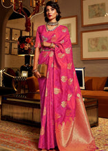 Load image into Gallery viewer, Hot Pink Satin Woven Silk Saree with overall Golden Buti