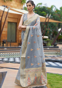 Slate Grey Woven Linen Silk Saree