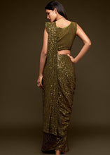 Laden Sie das Bild in den Galerie-Viewer, Army Green Sequins &amp; Thread Embroidered Designer Georgette Saree