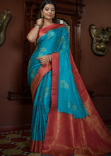 Load image into Gallery viewer, Azure Blue Designer Satin Silk Saree