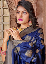 Laden Sie das Bild in den Galerie-Viewer, Denim Blue Zari Woven Soft Silk Saree with overall Butti work