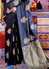 Load image into Gallery viewer, Soot Black Satin Silk Saree with overall Golden Butti