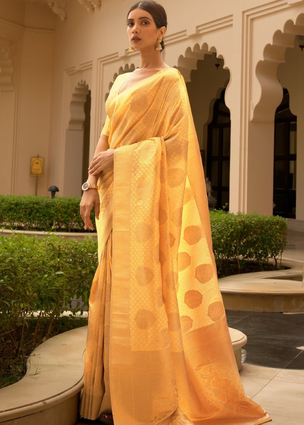 Butter Yellow Woven Soft Kanjivaram Silk Saree with overall Butti work