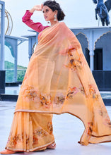 Load image into Gallery viewer, Orange Yellow Floral Handprinted Organza Silk Saree