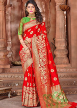 Laden Sie das Bild in den Galerie-Viewer, Tomato Red Zari Woven Soft Silk Saree with overall Butti work