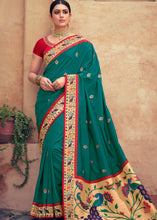 Laden Sie das Bild in den Galerie-Viewer, Teal Blue Woven Paithani Banarasi Silk Saree with Swarovski work &amp; Embroidered Blouse