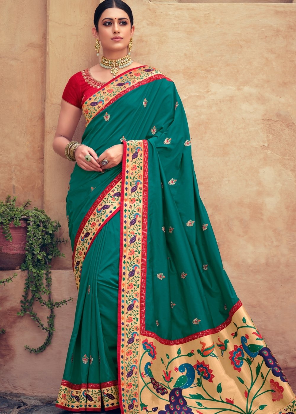 Teal Blue Woven Paithani Banarasi Silk Saree with Swarovski work & Embroidered Blouse