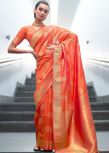 Carica l&#39;immagine nel visualizzatore Galleria,Coral Orange Woven Banarasi Silk Saree with overall Butti