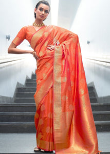 Coral Orange Woven Banarasi Silk Saree with overall Butti