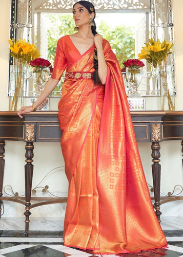 Persimmon Orange Zari Woven Kanjivaram Silk Saree with Tassels on Pallu