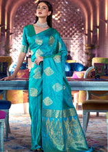 Laden Sie das Bild in den Galerie-Viewer, Sapphire Blue Satin Silk Saree with overall Golden Butti